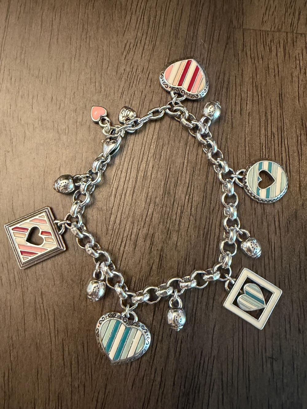 Brighton Vintage Candy Hearts Charm Bracelet Silver Enamel Stripe